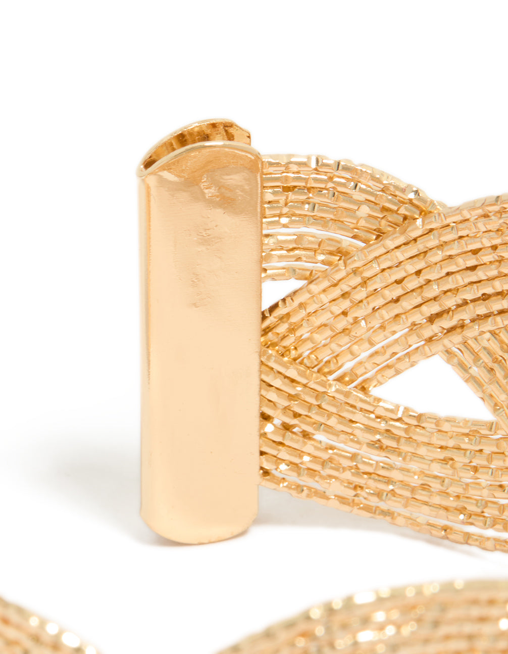 Featuring a plaited wrist cuff in gold with bangle construction closure detail view