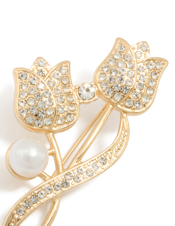 Gold Diamante Tulip Flower & Pearl Brooch