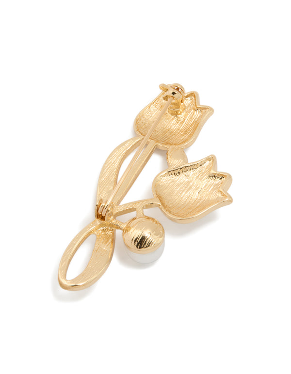 Gold Diamante Tulip Flower & Pearl Brooch