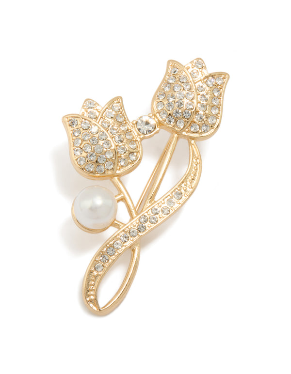 Gold Diamante Tulip Flower & Pearl Brooch