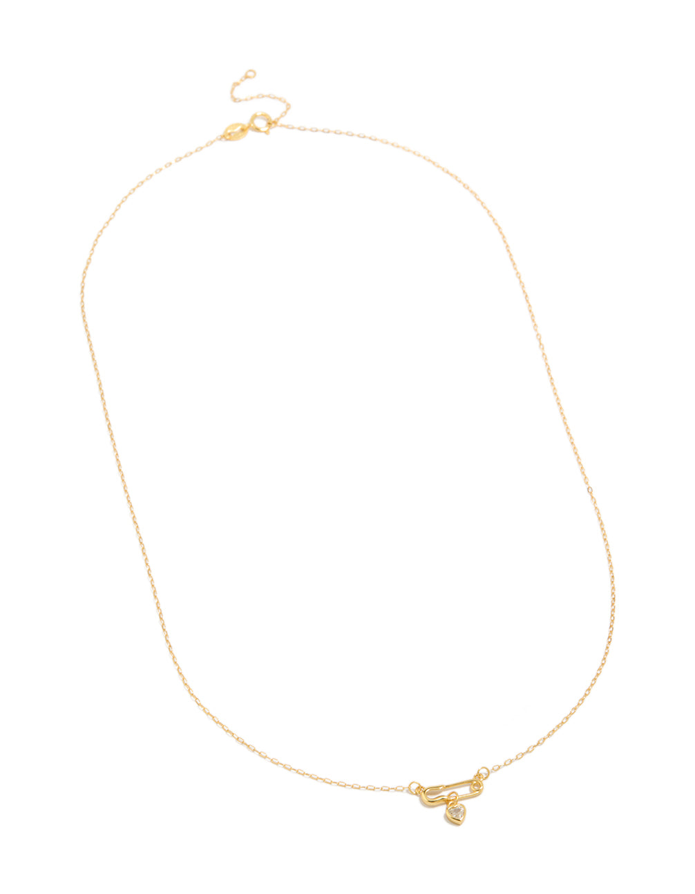 Crafted from gold plated sterling silver, this cubic zirconia safety pin necklace features heart front view