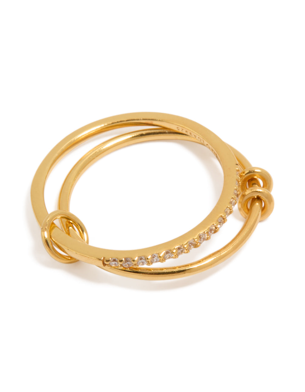 Showcasing a gold plated sterling silver cubic zirconia double link ring front view