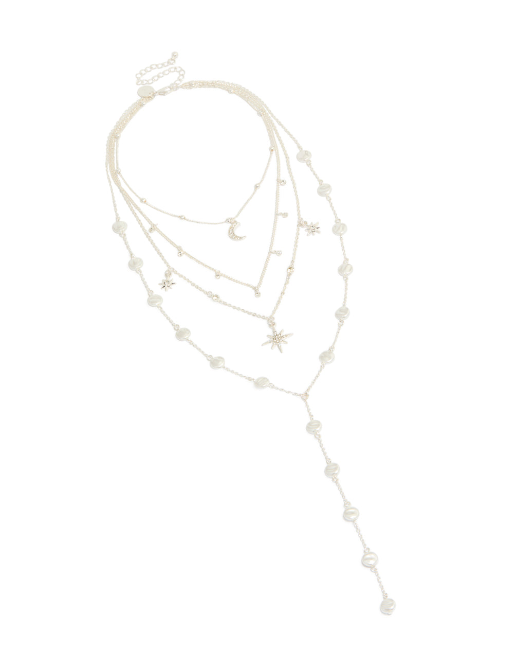 Crafted from silver, this diamante celestial multi pearl layered Y-necklace features charm, star, and moon accents in statement design front view