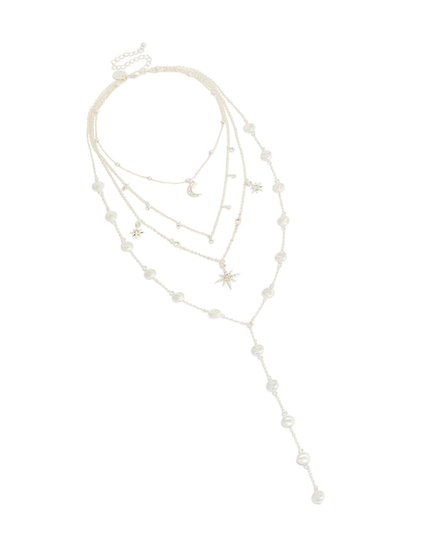 Silver Diamante Celestial Multi Pearl Layered Y-Necklace