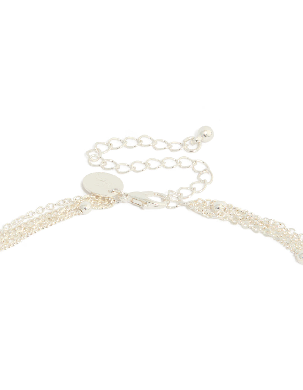 Featuring a diamante celestial multi pearl layered Y-necklace with charm, star, moon details and adjustable closure in statement style clasp detail view