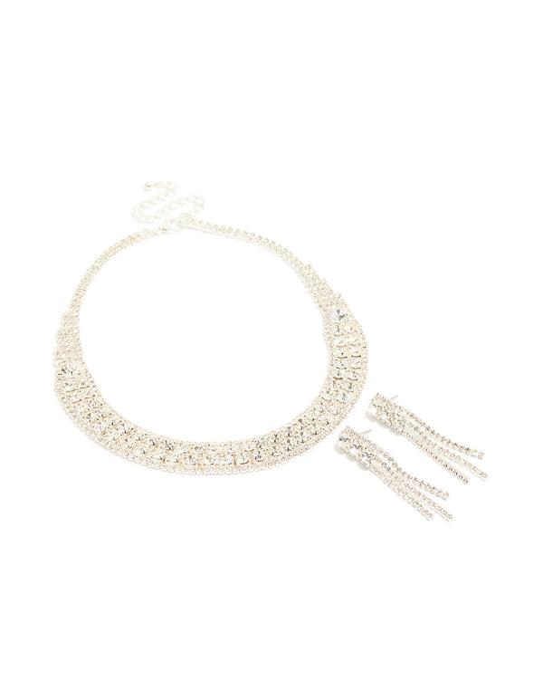 Silver Diamante Sparkle Drop Earrings & Necklace Set
