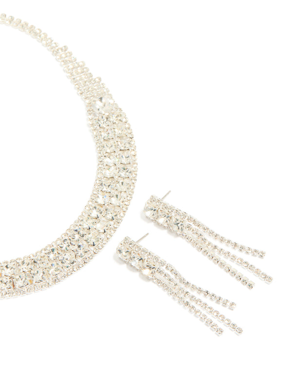 Silver Diamante Sparkle Drop Earrings & Necklace Set
