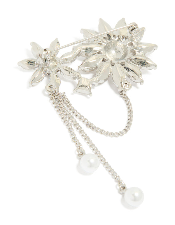 Silver Diamante Double Flower Chain Drop Brooch