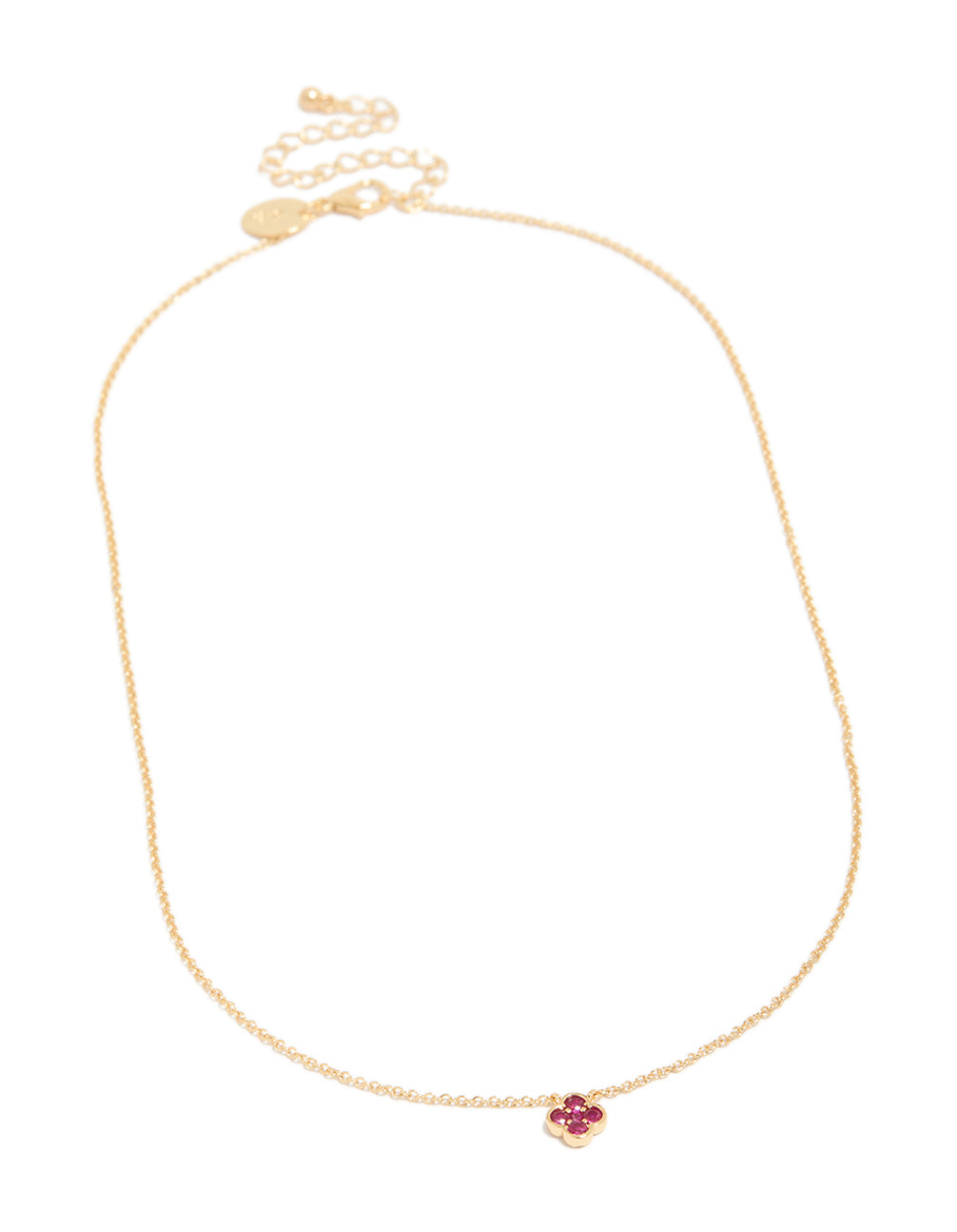 Showcasing a ruby July flower necklace with floral pendant in gold plated dainty design front view