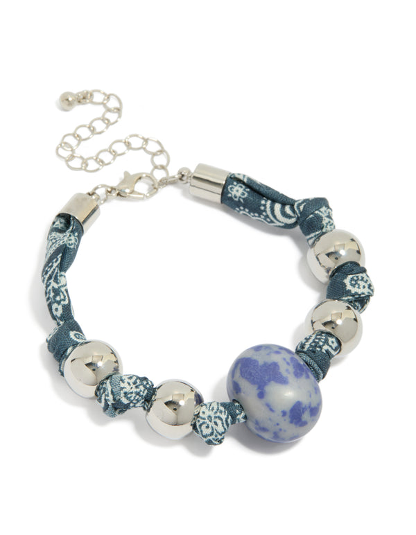 Silver Beaded Blue Paisley Printed Fabric & Blue Stone Bracelet
