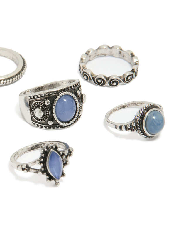 Featuring antique silver blue stone boho swirl stacking rings 6-pack in statement style close up view