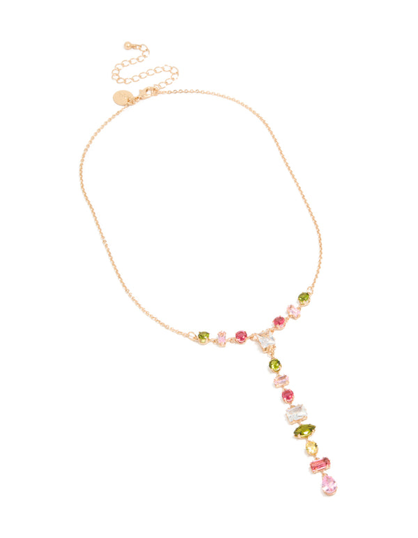 Featuring a cubic zirconia mismatched colourful stones necklace in gold front view