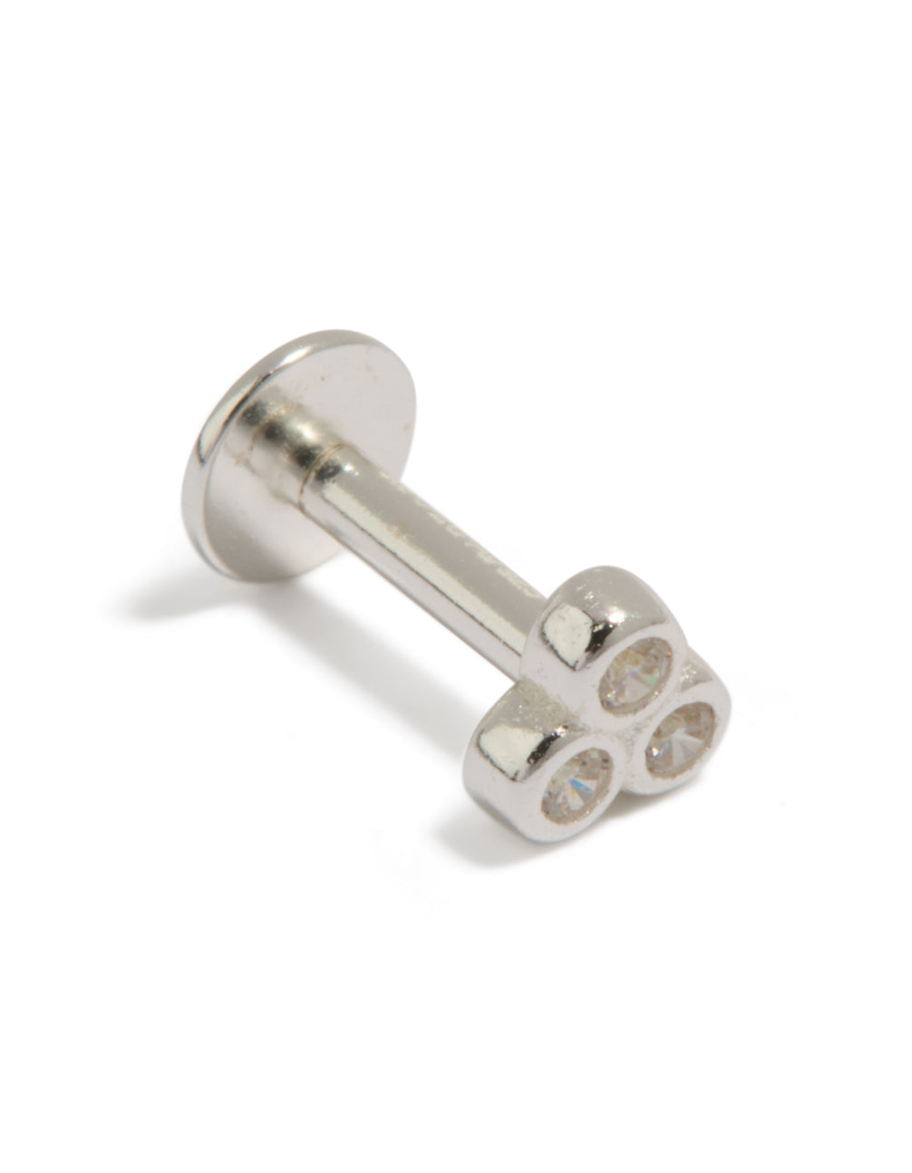 Crafted from sterling silver, this triple cubic zirconia stud features a flat back closure with dainty styling in silver detail view