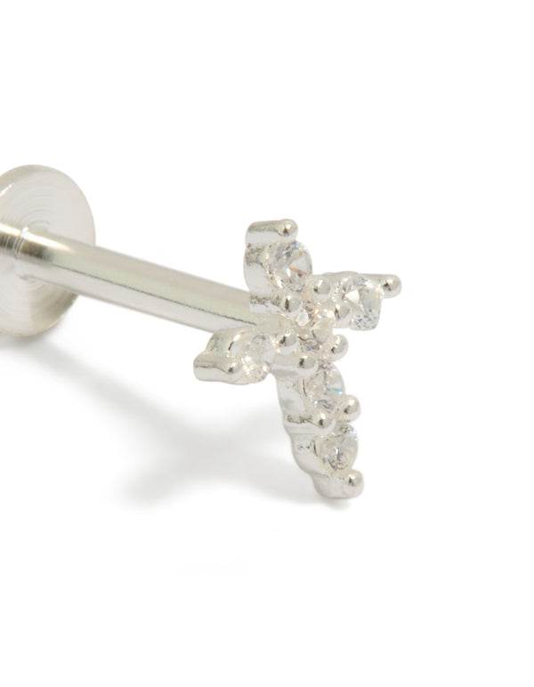 Sterling Silver Cubic Zirconia Cross Single Flat Back Stud