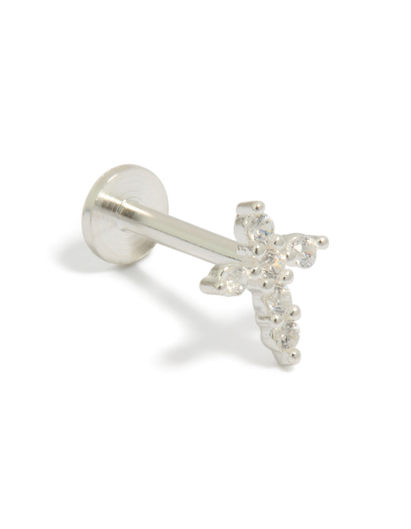 Sterling Silver Cubic Zirconia Cross Single Flat Back Stud