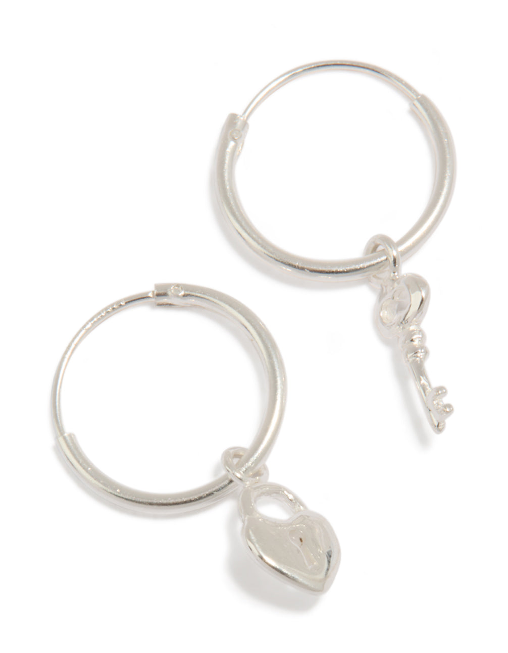 Introducing statement hoop earrings in sterling silver with heart and key featuring padlock detail front view
