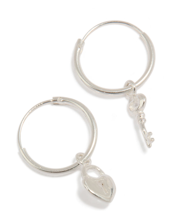 Introducing statement hoop earrings in sterling silver with heart and key featuring padlock detail front view