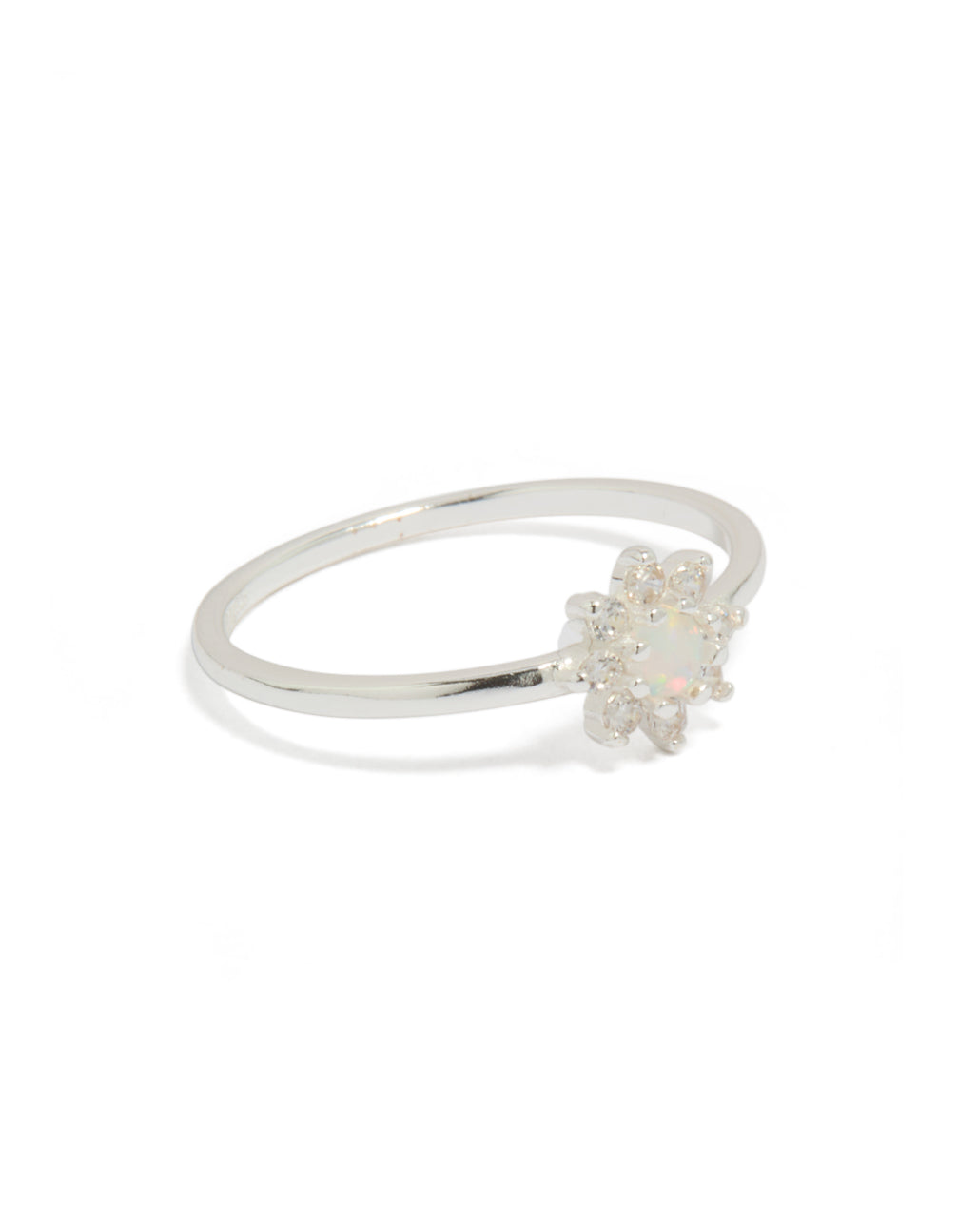 Elegant sterling silver cubic zirconia faux opal star ring with celestial design side detail view