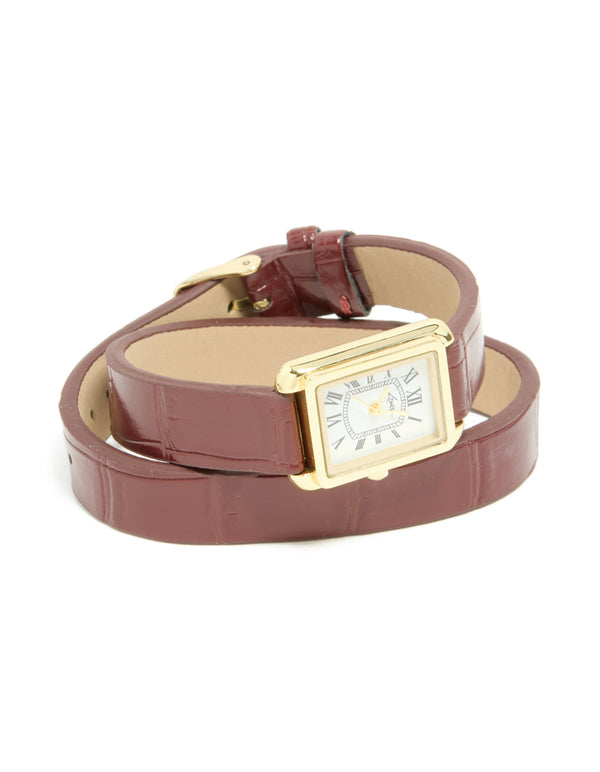 Discover a women's analog watch with white roman dial, rectangle shape, brown leather strap, and gold accents crafted from PU material for formal occasions front view
