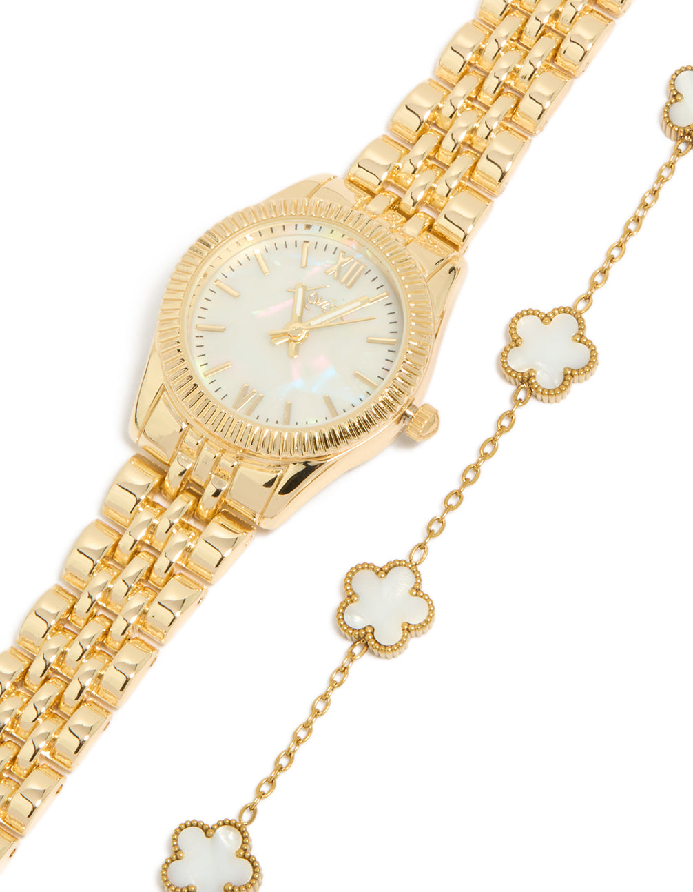 Beautifully crafted gold watch and flower bracelet set featuring floral pattern, white roman numeral dial, round shape, women's casual analog timepiece, link band strap in watch face detail view