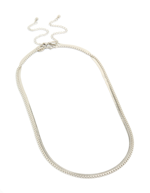 Featuring mens waterproof stainless steel snake and box chain necklaces in a 2-pack in silver front view