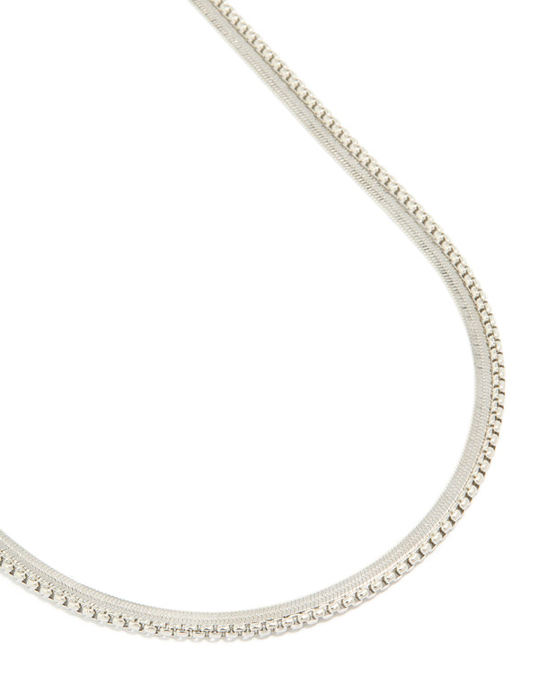 Showcasing mens waterproof stainless steel snake and box chain necklaces in a 2 pack in silver close up view