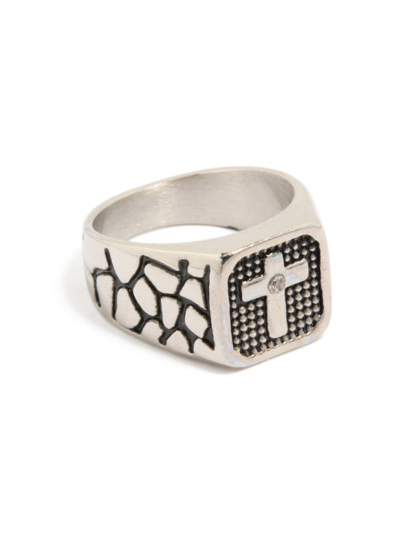 Mens Waterproof Stainless Steel Black Etched Cubic Zirconia Cross Signet Ring
