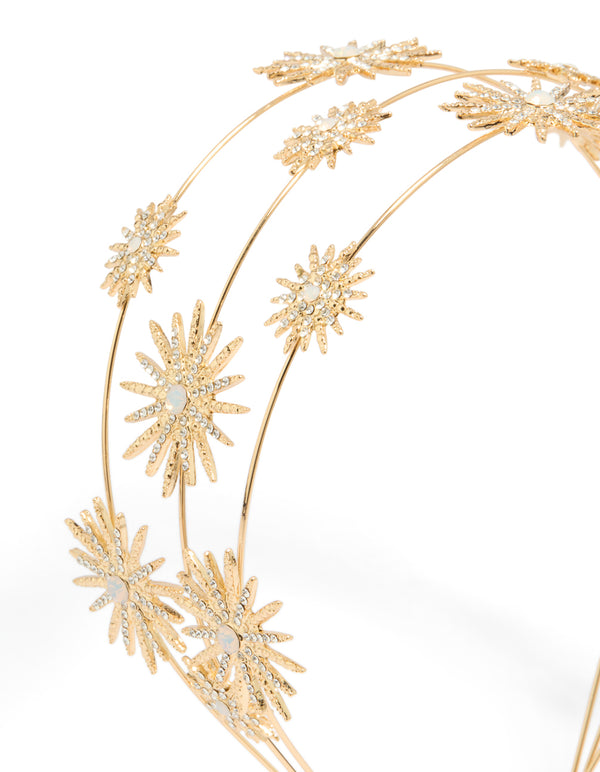 Crafted with celestial star motifs and diamante details on a triple layered gold statement headband detail view