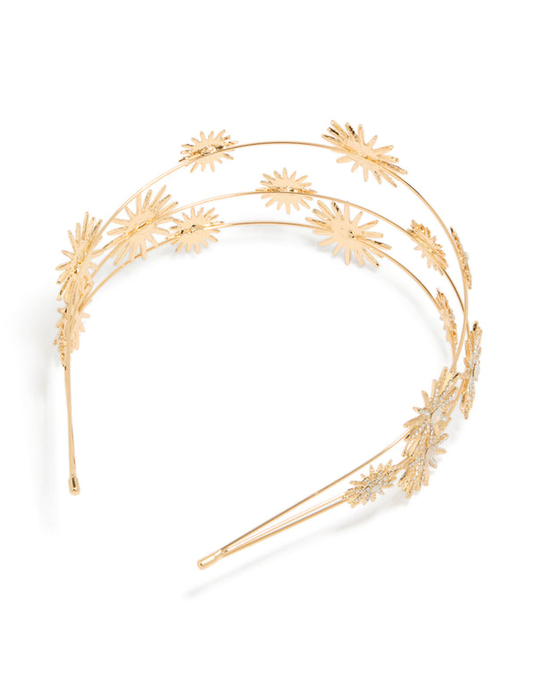 Featuring a gold diamante triple layered celestial headband with star embellishments side view