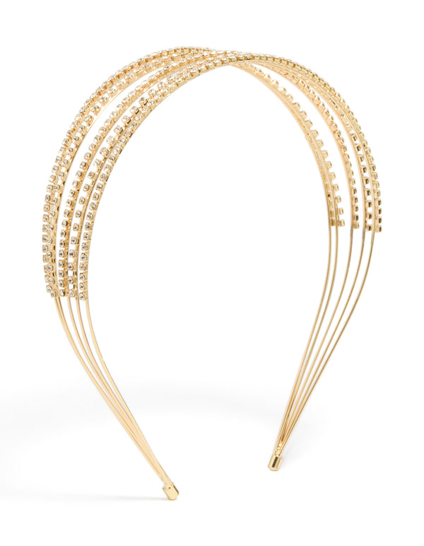 Showcasing a gold diamante 4-row headband design front view