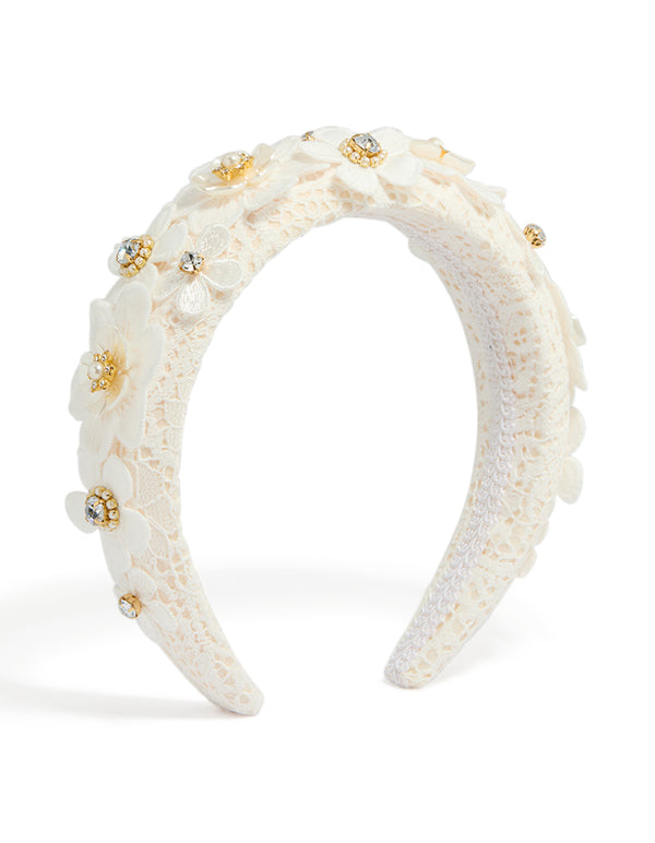 White Padded Lace Pearl Flower Headband