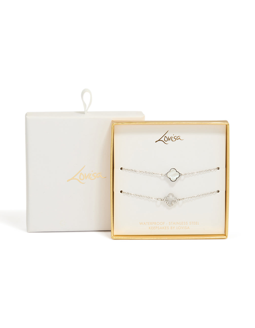 Presenting waterproof stainless steel cubic zirconia solitaire flower bracelets in silver with ivory detail 2-pack closure detail view