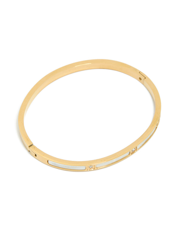 Waterproof Gold Plated Stainless Steel Cubic Zirconia Inlay Hinged Bangle