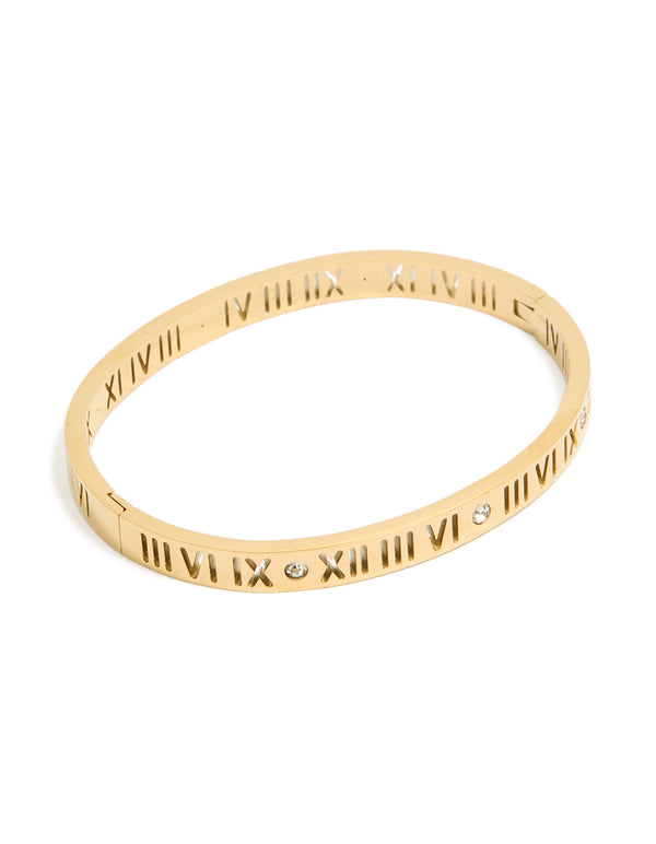 Waterproof Gold Plated Stainless Steel Cubic Zirconia Roman Numeral Hinged Bangle