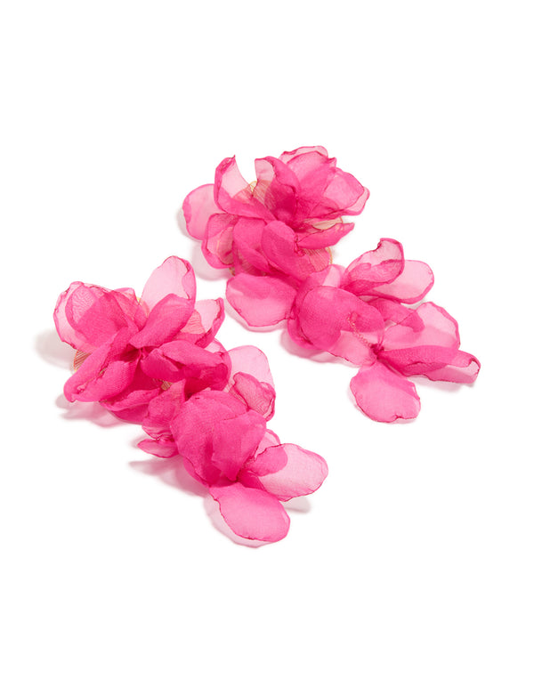 Discover statement drop earrings featuring floral design in hot pink and light pink front view