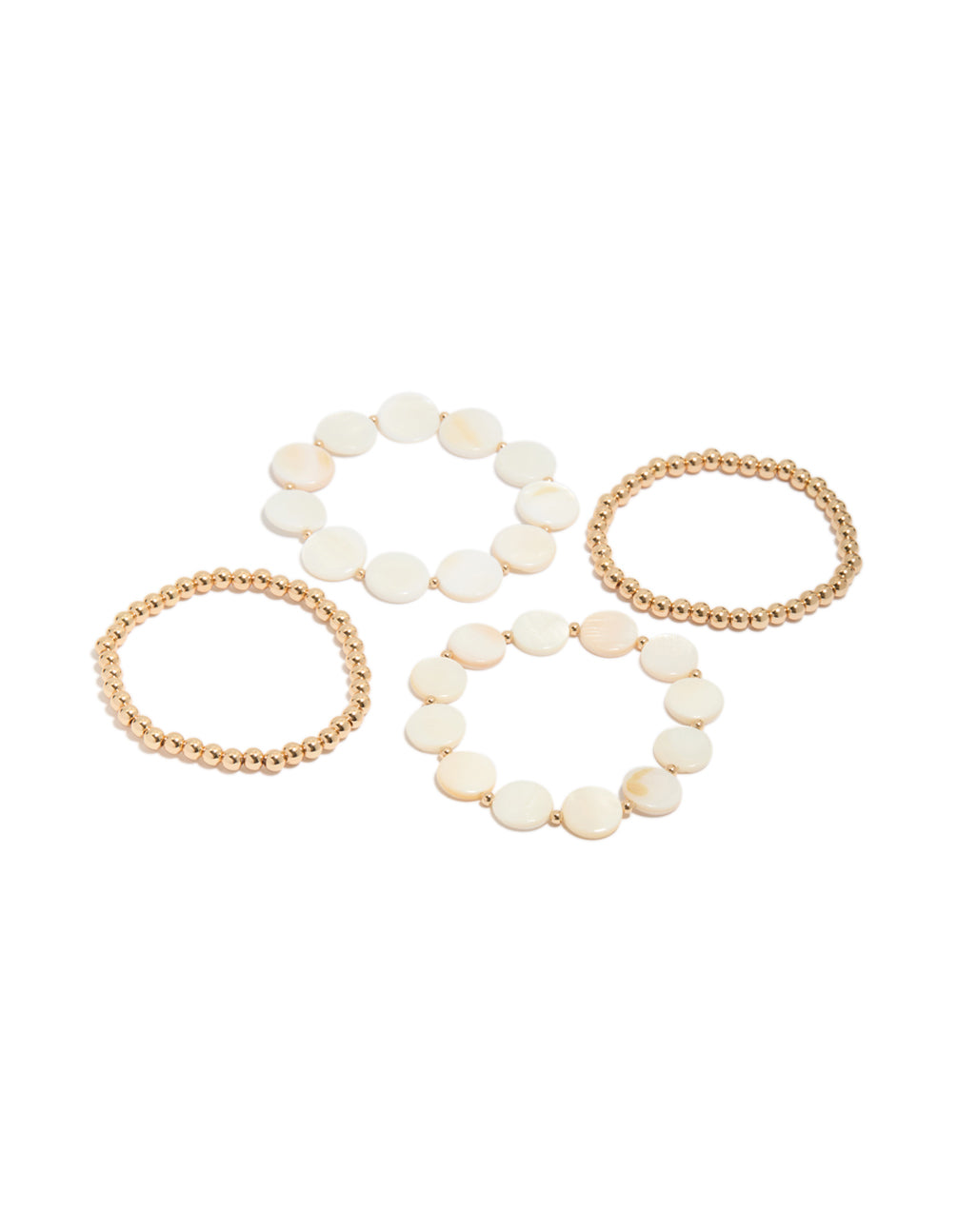 Discover this gold beaded and genuine shell discs bracelets 4-pack in ivory and beige tones featuring ocean-inspired disc design front view