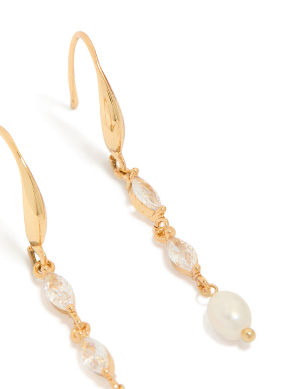Gold Plated Cubic Zirconia & Freshwater Pearl Hook Drop Earrings