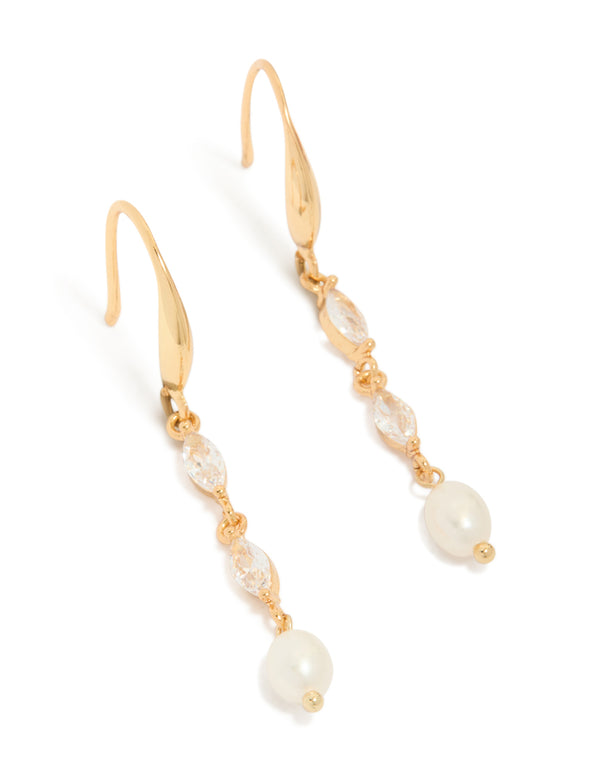 These elegant gold plated hook drop earrings feature cubic zirconia and freshwater pearl accents front view