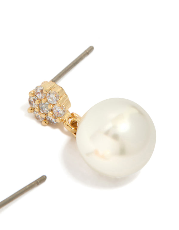 Gold Plated Small Round Cubic Zirconia & Pearl Drop Earrings