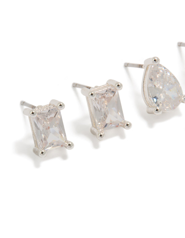 Featuring square and teardrop stud earrings with silver plated material, cubic zirconia crystals in clear 2-pack close up view