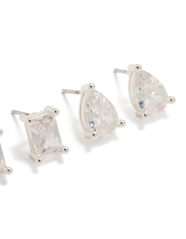 Beautifully designed square and teardrop stud earrings in silver plated material featuring cubic zirconia crystals, clear 2-pack post detail view