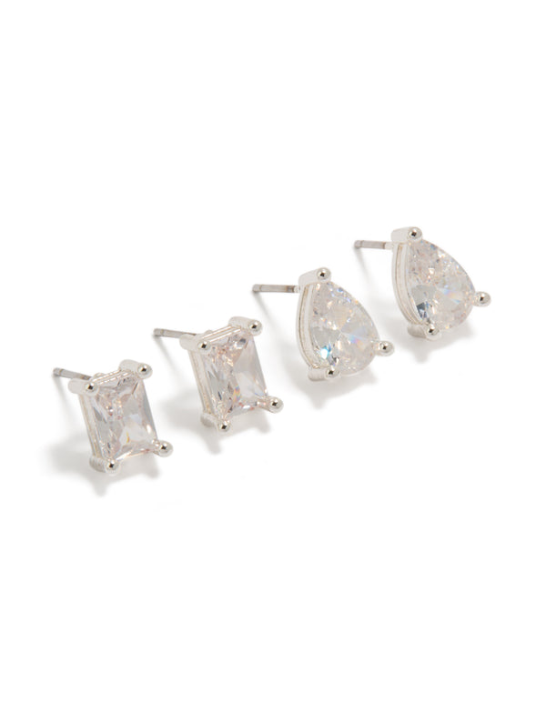 Discover square and teardrop stud earrings crafted silver plated material with cubic zirconia clear in 2-pack front view