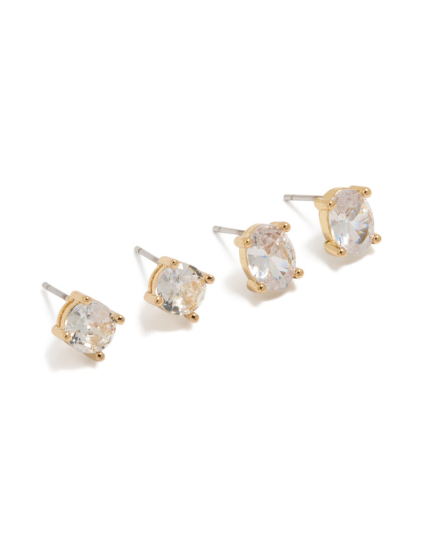 Discover gold plated round and oval cut cubic zirconia stud earrings in a dainty 2-pack with crystal features front view