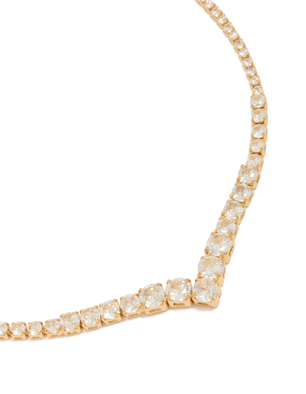 Showcasing a gold plated gradient bezel cubic zirconia necklace with statement style close up view