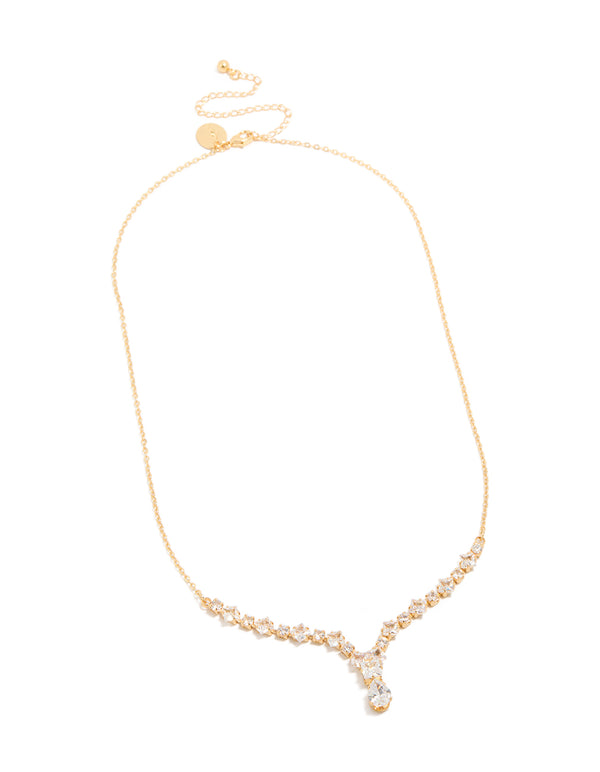 Stunning gold plated graduating cubic zirconia small y-necklace front view