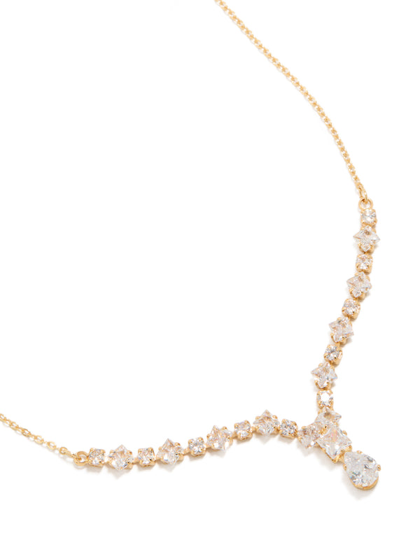 Beautifully designed gold plated graduating cubic zirconia small y-necklace close up view