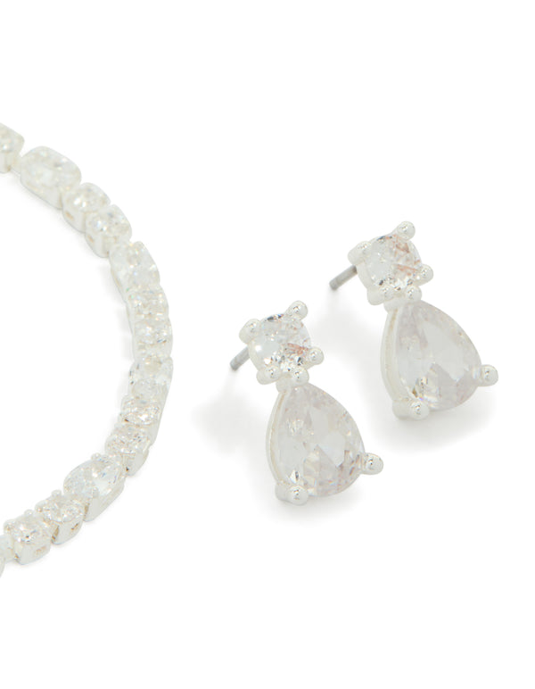 Silver Plated Cubic Zirconia Tennis Bracelet & Drop Earrings Set