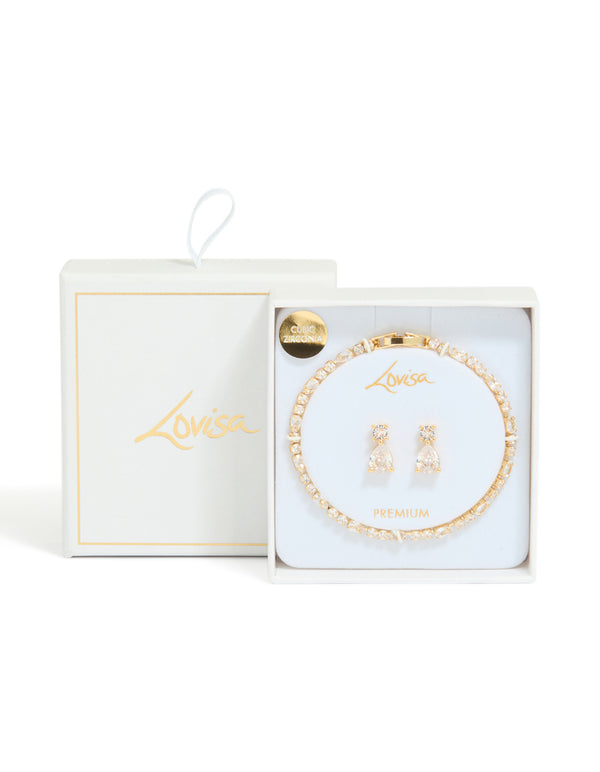 Gold Plated Cubic Zirconia Tennis Bracelet & Drop Earrings Set