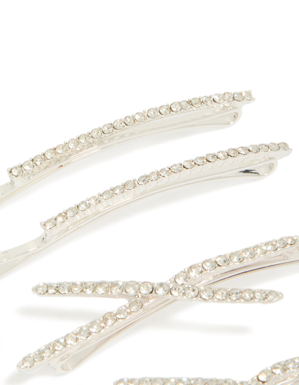 Elegant glitter silver plated pavé diamante hair slides in a 6 pack detail view
