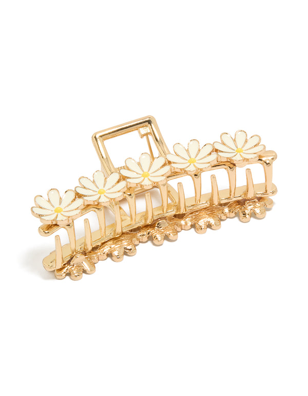 Gold White Enamel Daisies Claw Clip